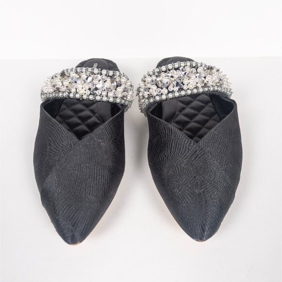 BIRDIES Swan Black Jacquard Mule Flats Beaded Cuff Pointed Toe Women's 7.5 - Picture 7 of 9